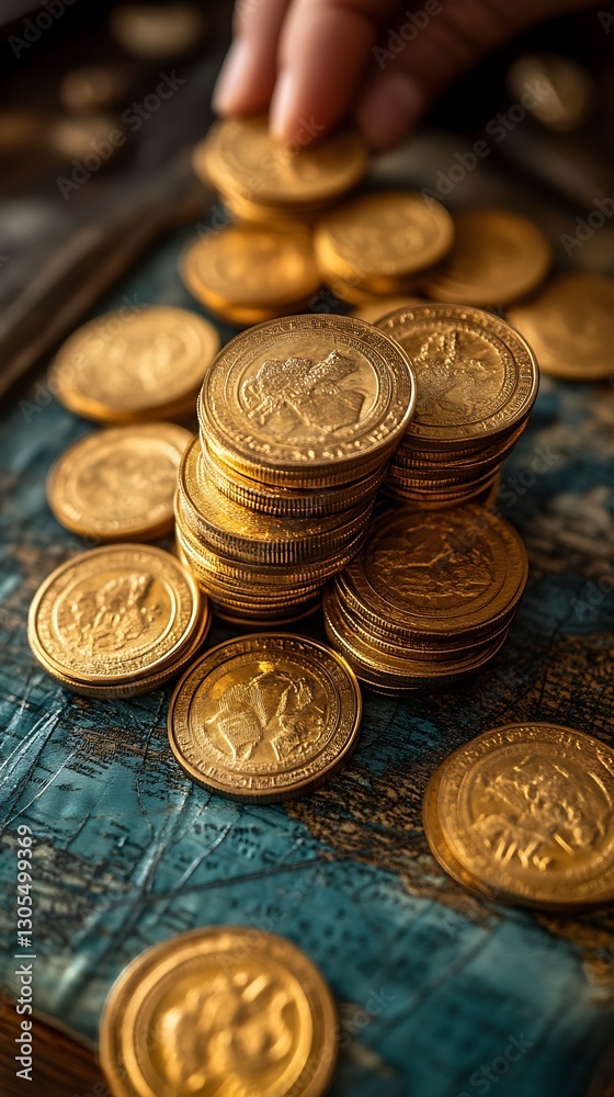 Hand stacking gold coins on aged blue map Hand stacking gold coins on aged blue map