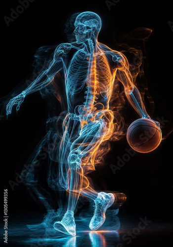 Dynamic basketball player in action shown as X-ray visualization with glowing blue and orange skeletal system, dribbling against black background