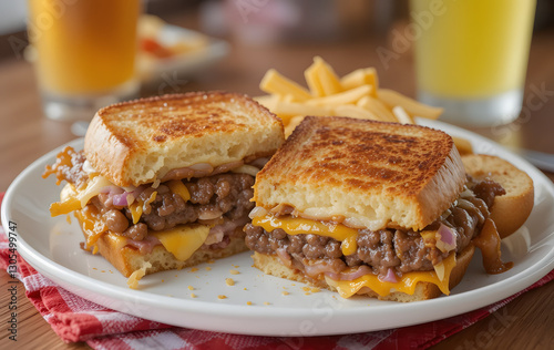 diner-style presentation of a Whataburger patty melt on a white plate with a red gingham napkin. The sandwich is sliced in half to reveal layers of melted cheese, beef, and onions, paired with a side photo