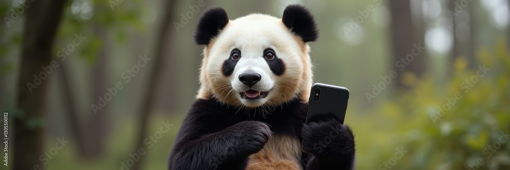 Fototapeta premium A playful panda holding a smartphone, showcasing a humorous blend of wildlife and technology in a lush forest setting.