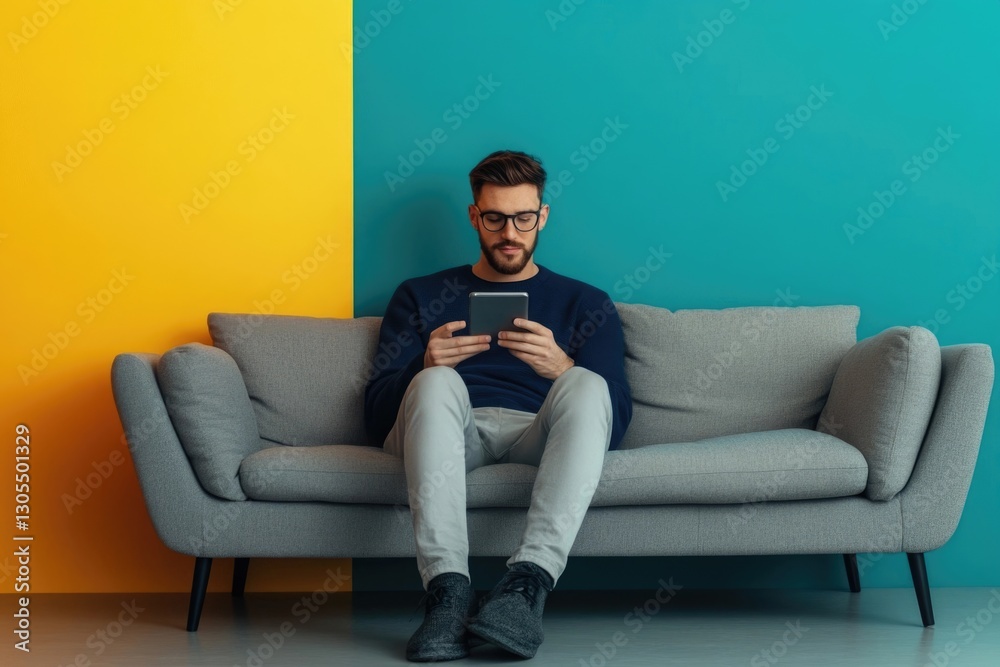Man sits on a gray couch against a yellow and teal wall, using a tablet. Man sits on a gray couch against a yellow and teal wall, using a tablet.