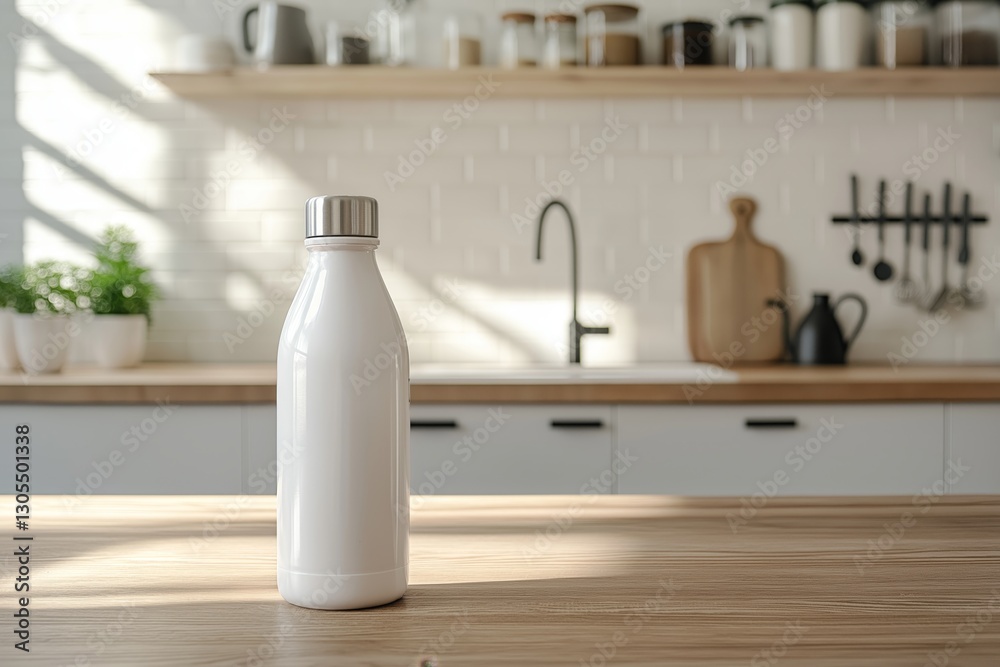 Minimalist setting featuring a white reusable water bottle on a wooden table illuminated by natural light in a modern kitchen environment Minimalist setting featuring a white reusable water bottle on a wooden table illuminated by natural light in a modern kitchen environment
