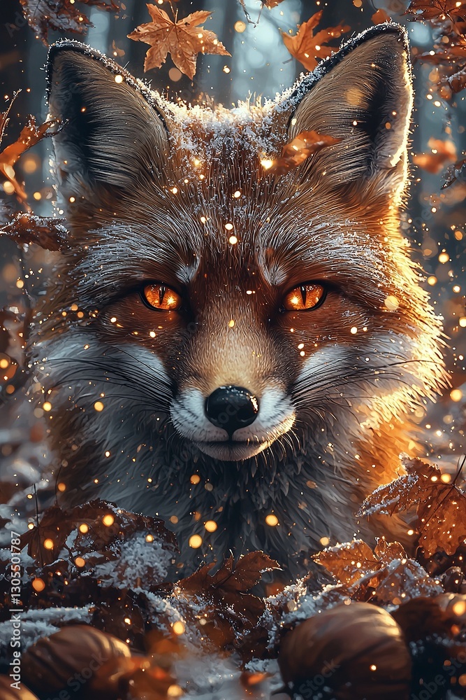 Fototapeta premium A red fox in the snow surrounded by leaves and pumpkins