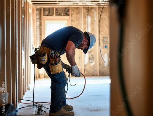 A construction worker in a hard hat and tool belt works on wiring inside an unfinished house, focusing intently