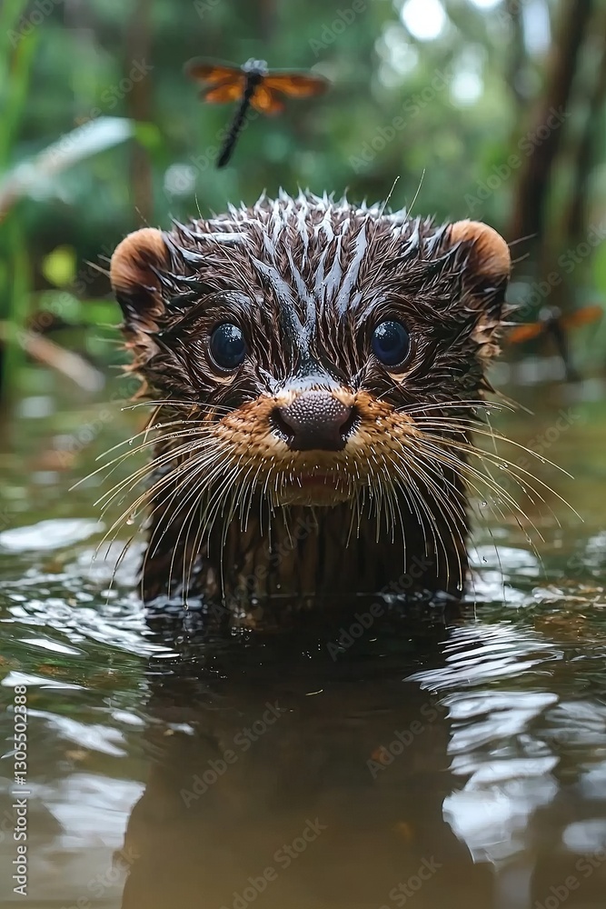 Fototapeta premium A small otter in the water with a dragonfly in the background