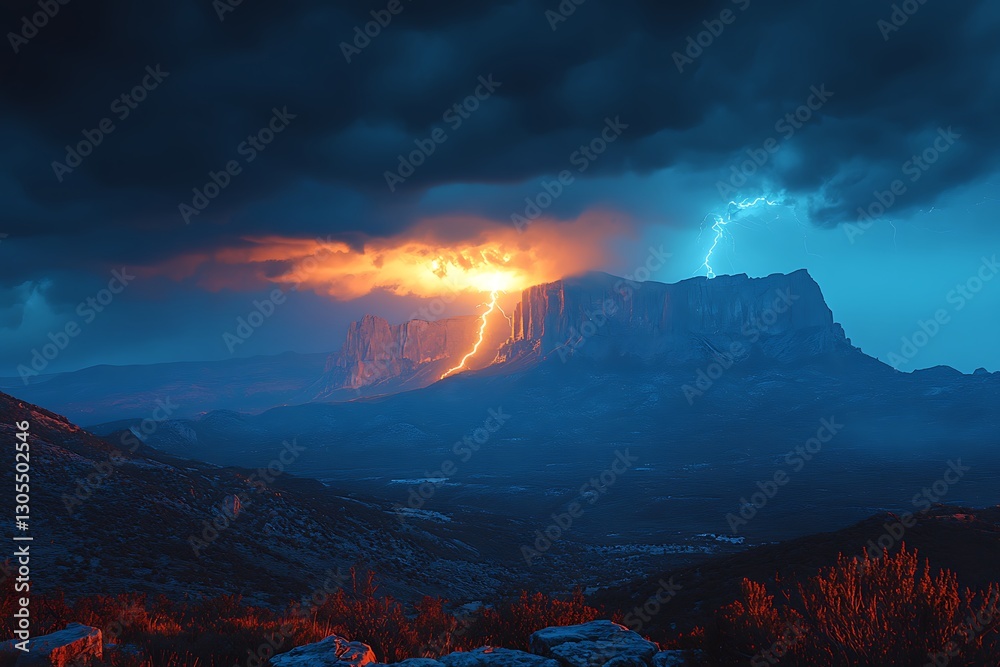 Fototapeta premium Lightning strikes a mountain peak in a dramatic landscape
