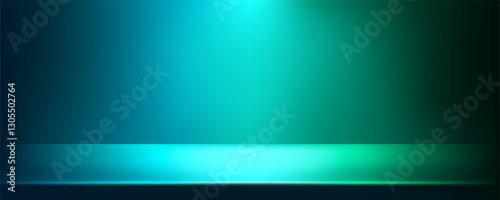 Dark blue and green neon gradient studio background. Empty panoramic room with podium or stage. Night tone walls and floor with spotlights for product presentation. 3D scene design.