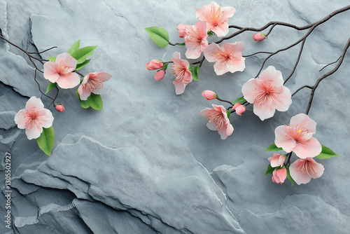 Pink peach blossoms, green leaves, and plants in the background of an ancient Chinese city wall. The flowers are delicate with pink petals that bloom beautifully against the gray stone walls