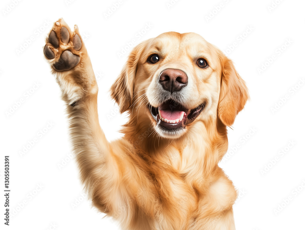 A golden retriever excitedly waves its paw in greeting, showcasing its friendly demeanor. The dog's fur shines beautifully in a bright setting, highlighting its playful nature. A golden retriever excitedly waves its paw in greeting, showcasing its friendly demeanor. The dog's fur shines beautifully in a bright setting, highlighting its playful nature.