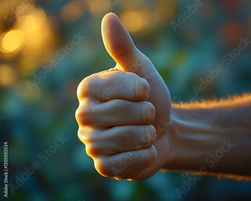 Hand thumbs up against blurred nature backdrop
