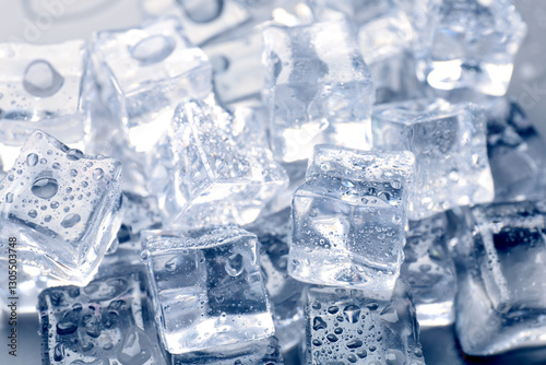 Ice cubes with water drops as background, closeup
