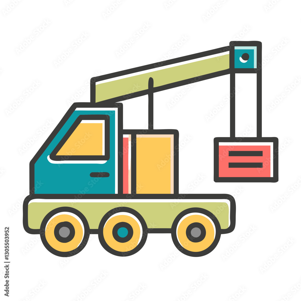 Naklejka premium Colorful cartoon crane truck lifting cargo, construction fun