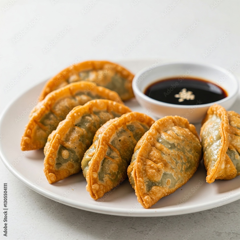 Korean Gun Mandu Crispy Fried Dumplings with Soy Dipping Sauce on White Background. Korean Gun Mandu Crispy Fried Dumplings with Soy Dipping Sauce on White Background.