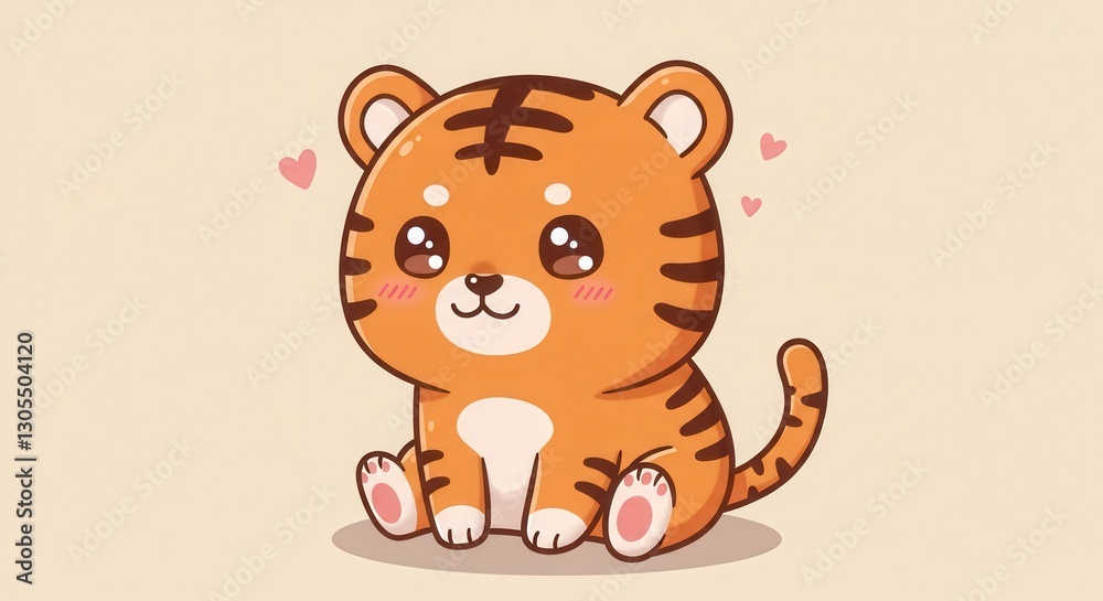 Obraz premium Cartoon Tiger Cub Sitting Sweetly with Hearts for Children's Illustration
