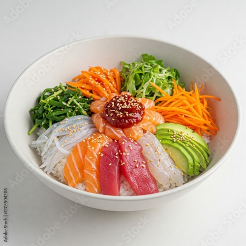 Korean Hwe Dup Bap Sashimi Rice Bowl with Raw Fish and Vegetables on White Background