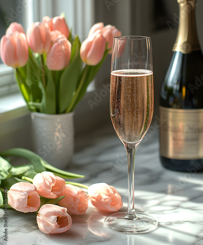 Pink champagne with pink tulips