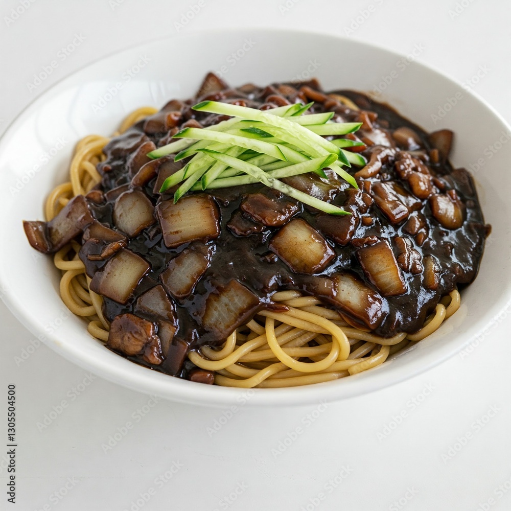 Korean Jajangmyeon Black Bean Sauce Noodles with Pork and Cucumber on White Background Korean Jajangmyeon Black Bean Sauce Noodles with Pork and Cucumber on White Background