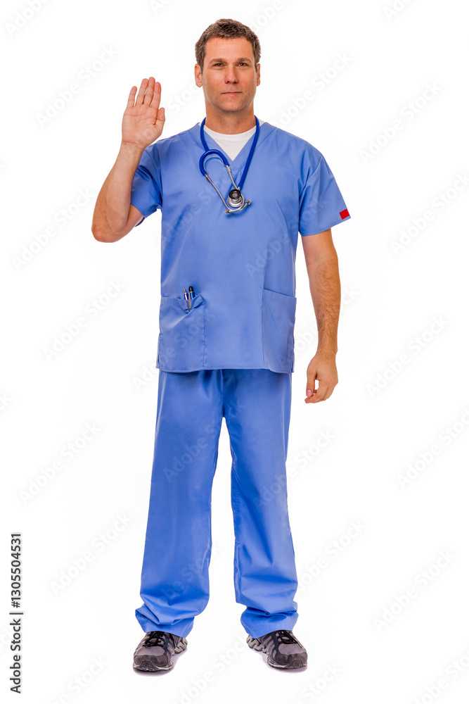 Male doctor physician nurse in surgical scrubs gesturing isolated on white background Male doctor physician nurse in surgical scrubs gesturing isolated on white background