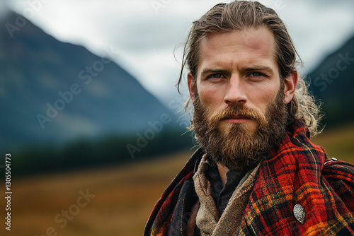 Portrait of a man in traditional scottish attire amidst misty highlands generated with AI image