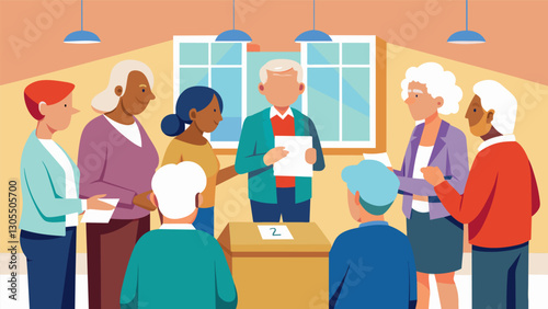 The senior citizens gathered at the community center were fervently discussing the importance of voting in local elections.. Vector illustration