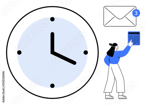 Oversized clock, notification envelope, person with calculator signifying productivity, efficiency, and time tracking. Ideal for planning, deadlines, multitasking, organization communication