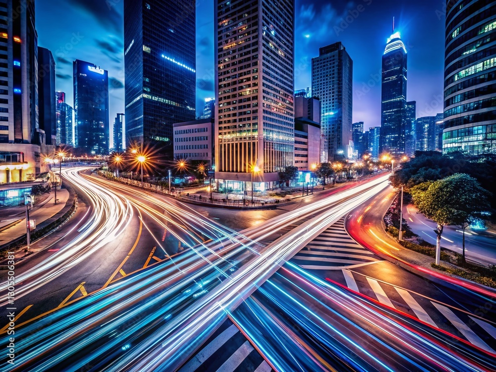 Fototapeta premium Long Exposure Light Trails at City Intersection - Night Photography