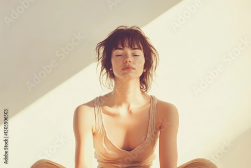 Serene woman meditates in sunlit room, eyes closed, peaceful expression.