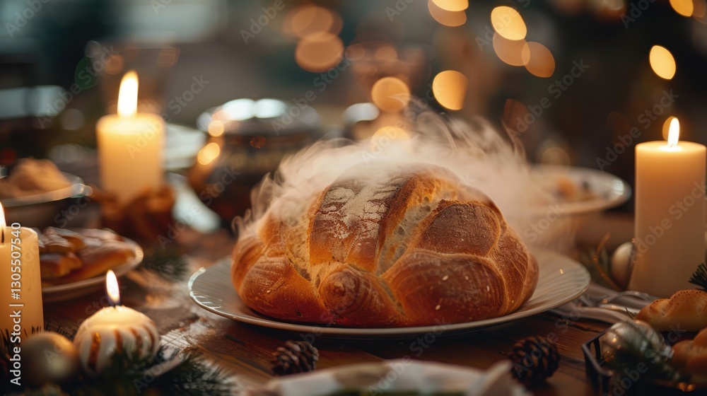 Obraz premium Freshly baked bread with a perfectly smooth golden-brown crust, placed in the center of the holiday table. Steam gently rises from the warm bread, emphasizing its freshness.