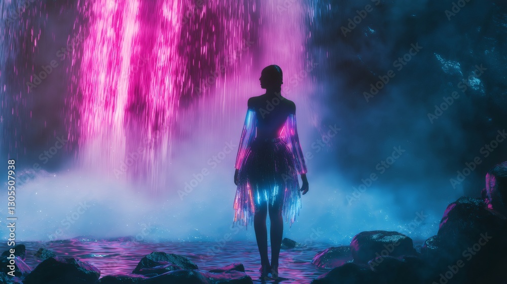 Fototapeta premium Futuristic fashion model standing by neon waterfall at night. Generative ai illustrations