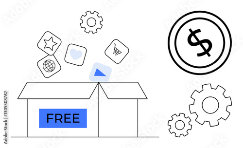 Open box with free label releasing items thumbs up shopping cart and heart icons. Accompanied by gears and money symbol. Ideal for marketing, digital products, economy, affordability, commerce