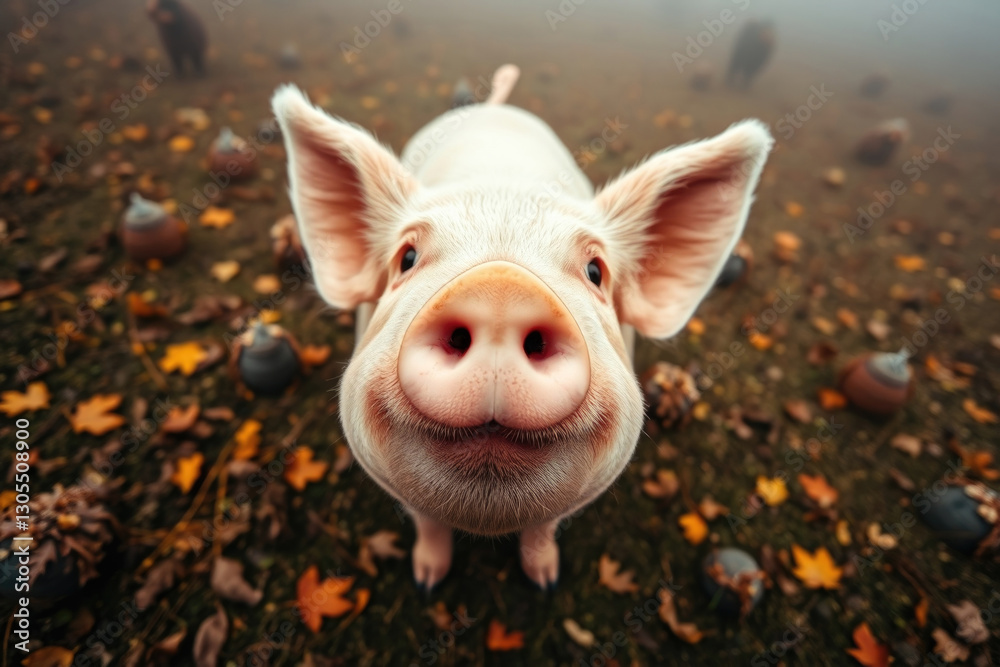 Close up of a curious piglet with large ears and a pink snout looking into the camera