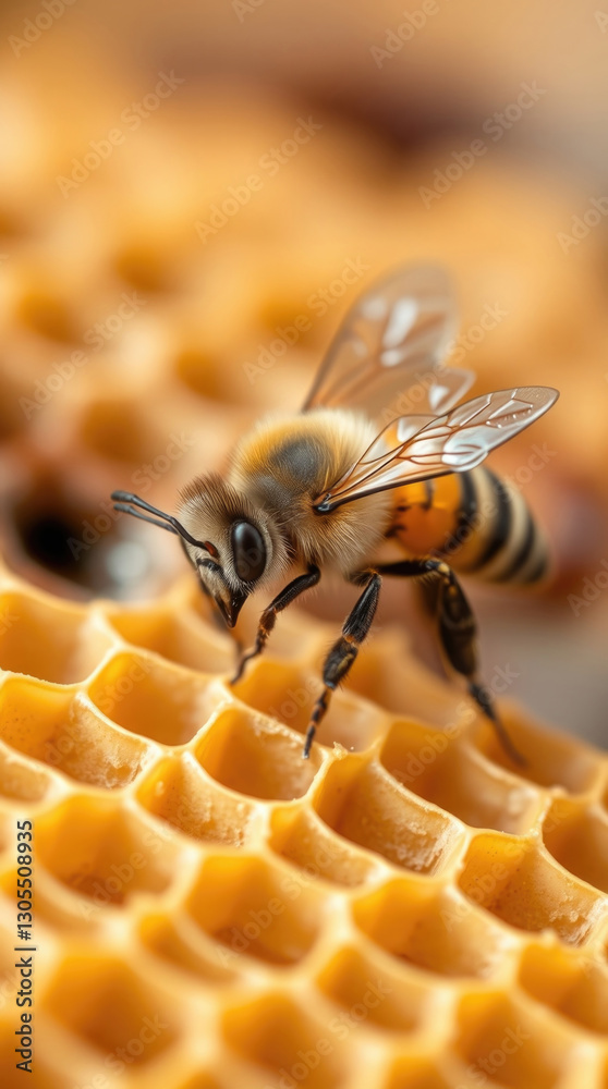 Macro view of a bee on honeycomb cells, showing intricate details of its anatomy and the hexagonal wax structure