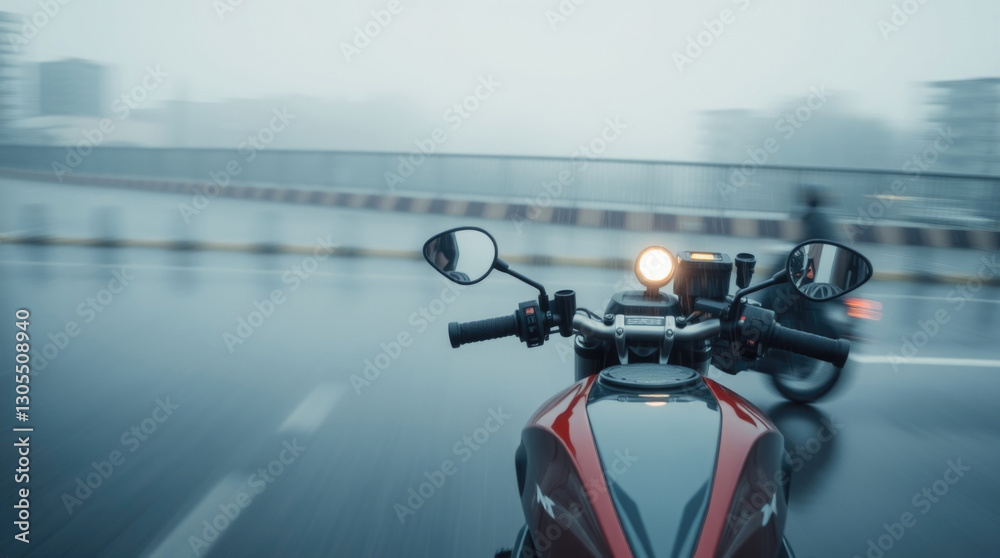 Dangerous motorcycle ride in rainy and foggy urban conditions, highlighting uncertainty, wet roads, and potential hazards