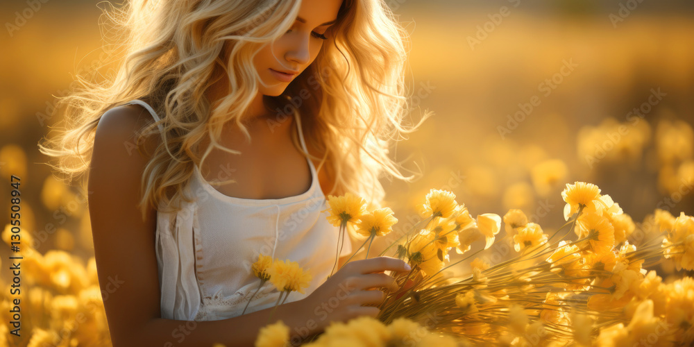 Romantic summer scene with a blonde woman in a white dress among yellow wildflowers