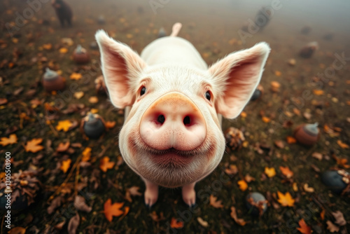 Obraz na płótnie Close up of a curious piglet with large ears and a pink snout looking into the camera w salonie