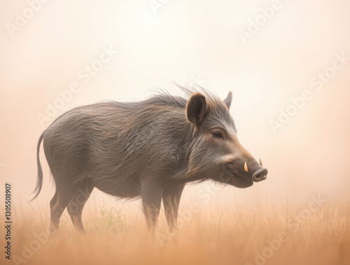 wild boar standing in a misty field, captured in soft natural light