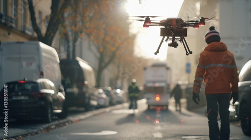 Drone Flies Over Street. City scene with cars and walking person. Bright light shines on trees in background. Drone is in air. photo