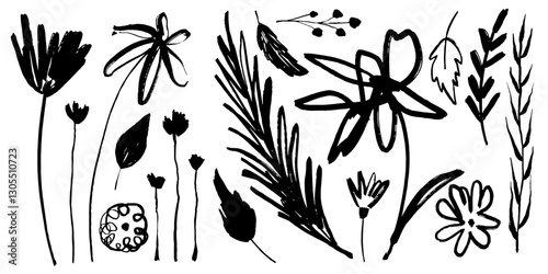 Set of doodle style botanical elements painted with dry brush. Silhouettes of flowers, leaves, branches isolated on white background
