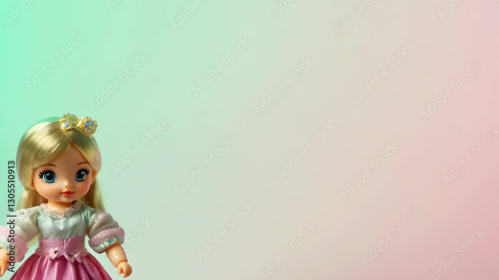 Cute blonde doll in pink dress on pastel background. concept of childhood imagination, playful innocence, nostalgic toys, vibrant fantasy, Toy for girls, Princess Doll, Cute blonde doll in pink dress on pastel background. concept of childhood imagination, playful innocence, nostalgic toys, vibrant fantasy, Toy for girls, Princess Doll,