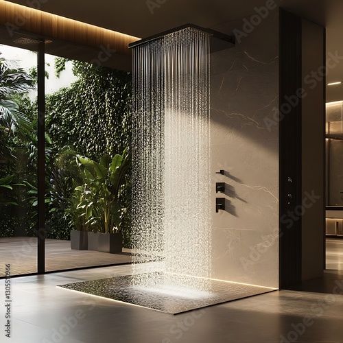 Relaxing shower design with waterfall effect and glass panel decor high resolution pictures