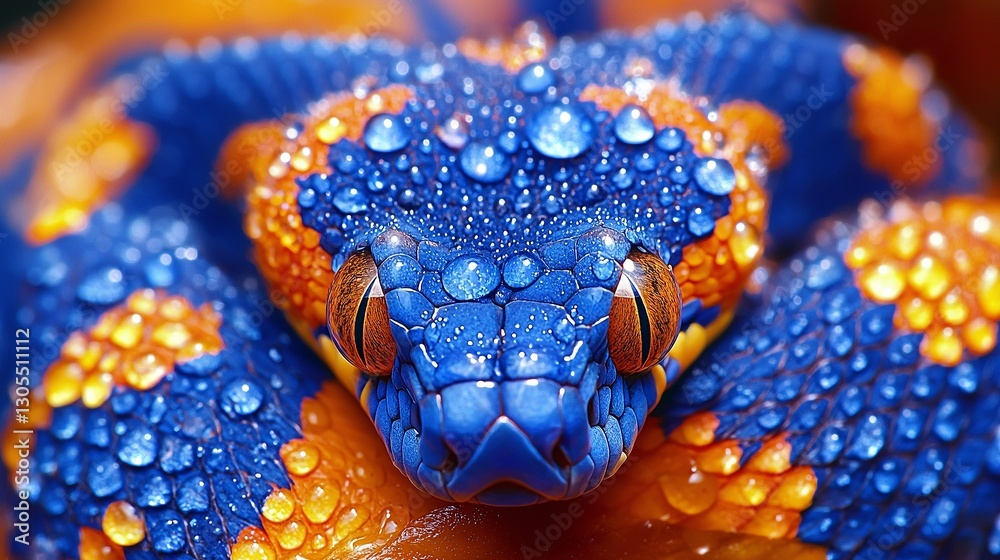Obraz premium A close up of a blue and orange snake with water droplets on its head