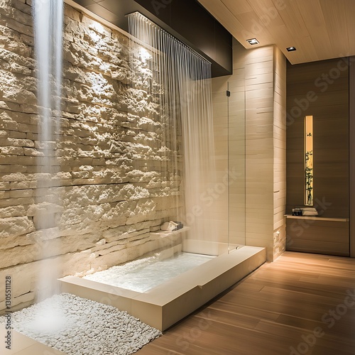 Refined spa style bathroom minimalist rain shower decorative walls high resolution picture