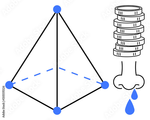 Three-dimensional pyramid with highlighted vertices, stack of coins symbolizing wealth, and a dripping nose. Ideal for finance, health, geometry, abstraction, wealth, balance and economy themes