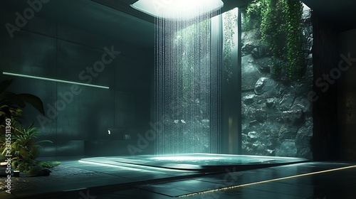 Relaxing bathroom design featuring a modern rainfall shower setup high resolution picture