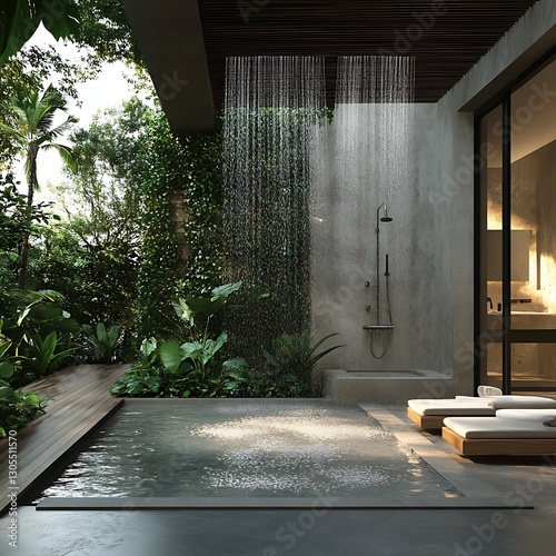 Relaxing bathroom setup featuring a stylish rainfall shower design high resolution picture