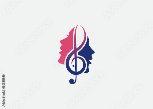 Treble Clef with head, Singer Vocal Choir with Music Notes , Singing Karaoke Woman Face Silhouette logo design