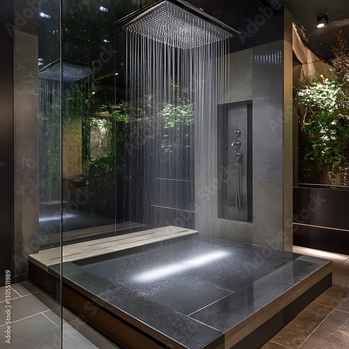 Relaxing indoor waterfall feature with modern lighting and elegant décor high resolution picture