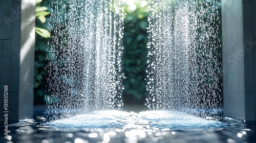 Relaxing indoor waterfall shower with ambient lighting and spa aesthetics high resolution picture