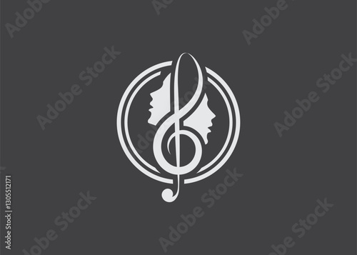 Treble Clef with head, Singer Vocal Choir with Music Notes , Singing Karaoke Woman Face Silhouette logo design