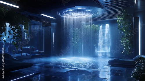 Relaxing indoor waterfall shower with ambient lighting and spa vibes high resolution picture